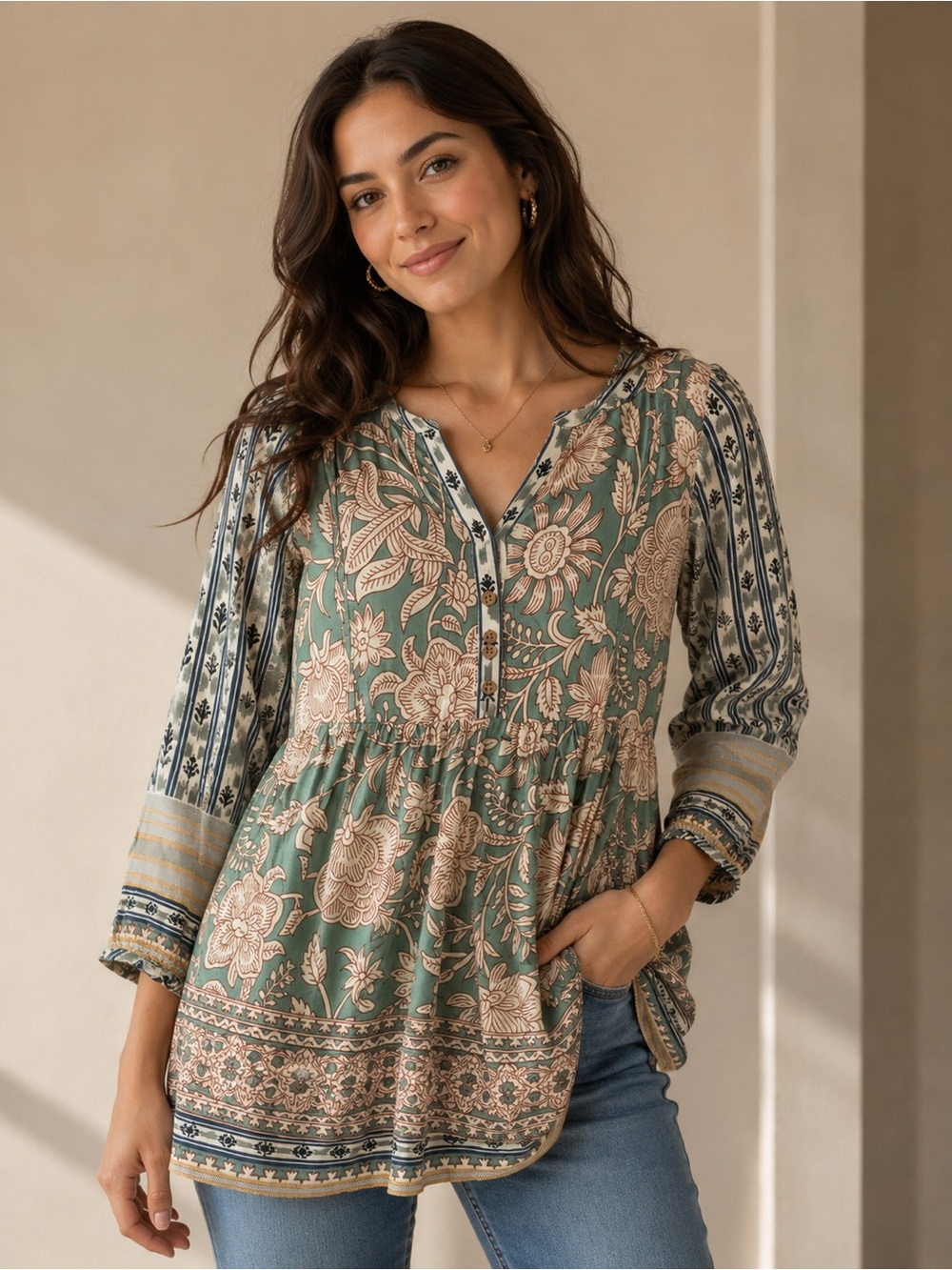 Floral Printed Peasant Tunic Top - Sage